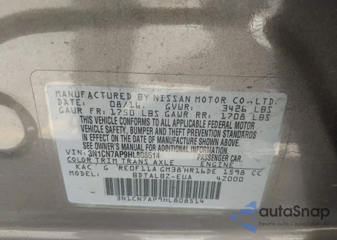 2017 Nissan Versa 1.6 Sv z USA, uszkodzony, nr VIN 3N1CN7AP9HL808514